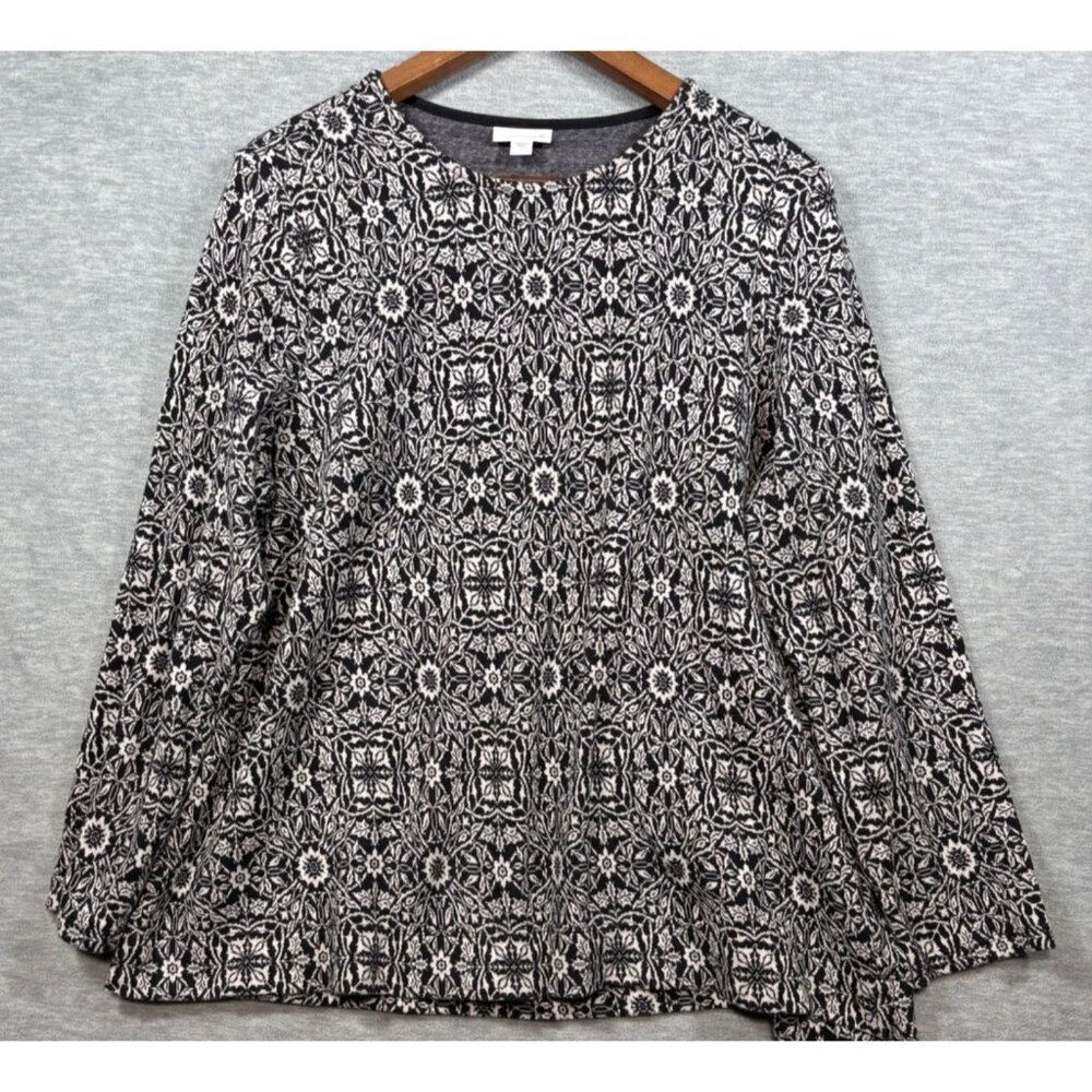 J Jill Black White Floral Pattern Long Sleeve Top Sweater L 100% Cotton